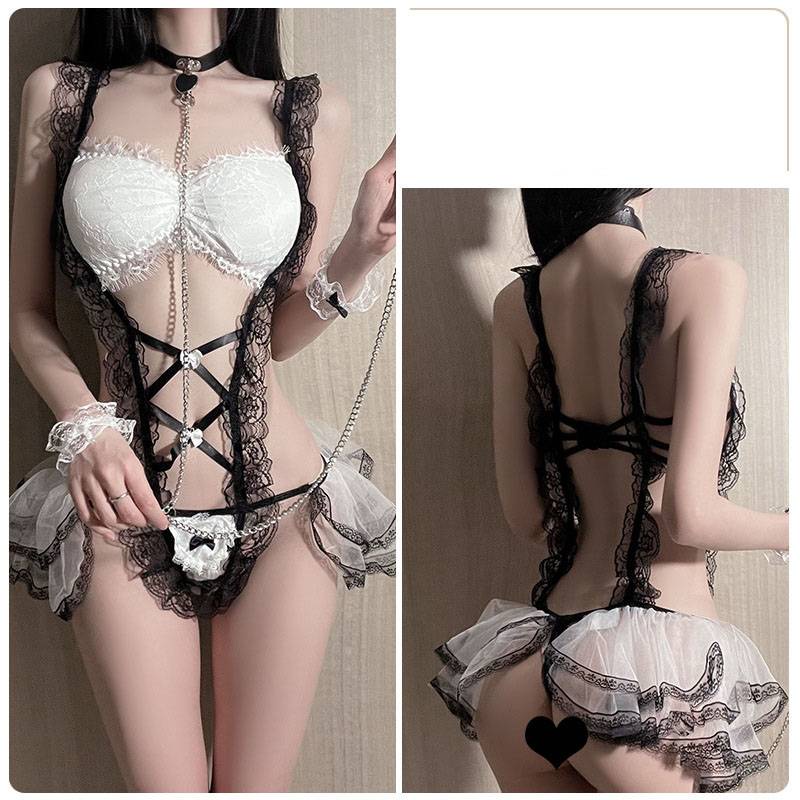 Bộ Đồ Ngủ Một Mảnh Phối Lưới Xuyên Thấu Phong Cách Cô Hầu Gái Gợi Cảm Cho Nữ 2022