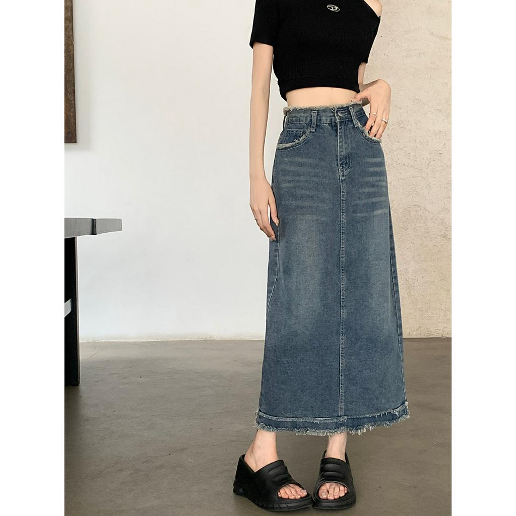 Chân váy jean Dài Dáng Chữ A Lưng Cao Phong Cách Cổ Điển Thời Trang Cho Nữ