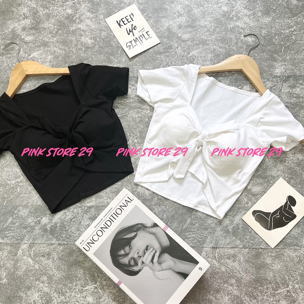 Áo Croptop Body Cổ U Tay Ngắn PINKSTORE29, Thắt Nơ Ngực Xinh Xắn A5016