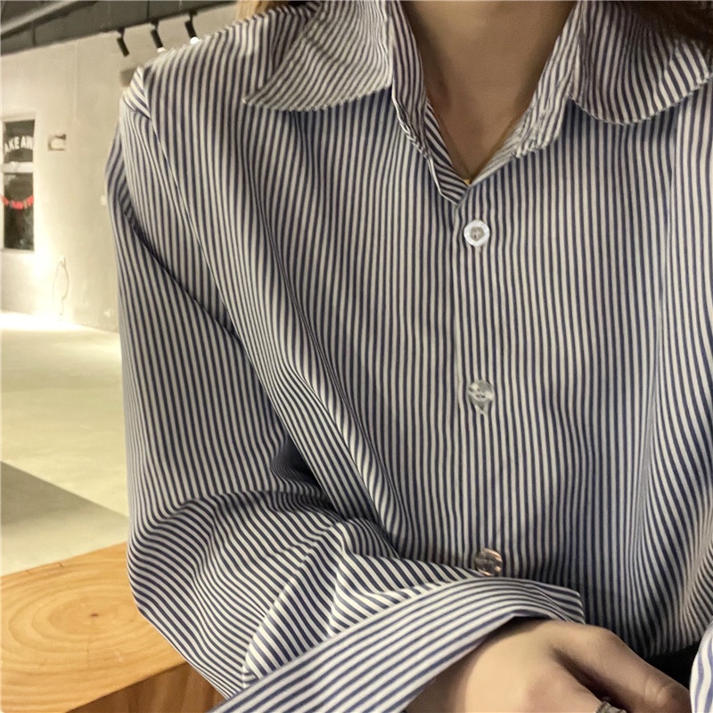 Áo sơ mi ZHELIHANGFEI tay dài dáng rộng họa tiết sọc phong cách cổ điển dễ phối đồ