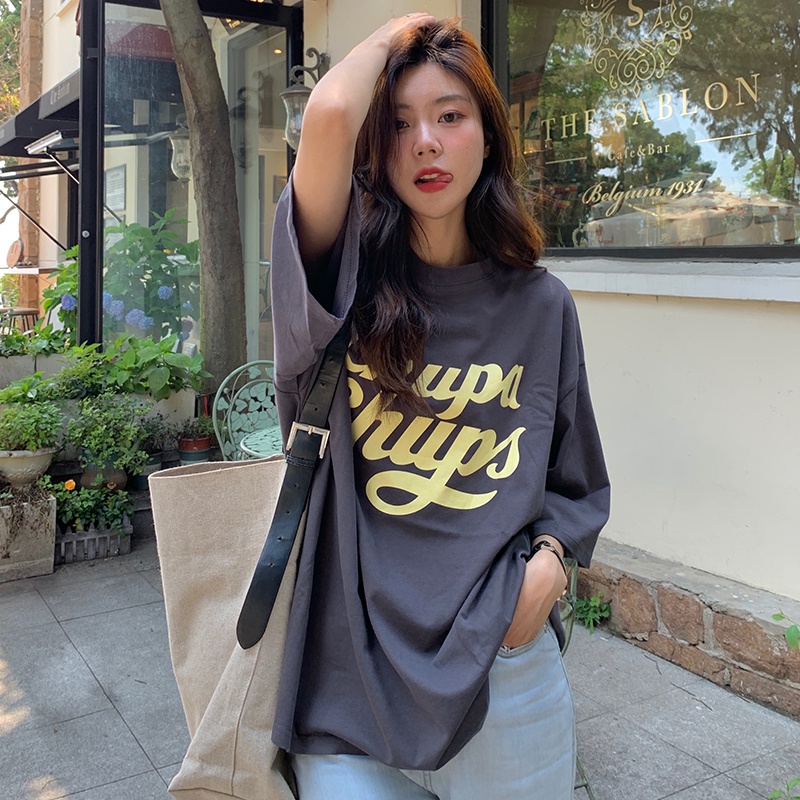 Áo thun SUXI tay ngắn cổ tròn dáng rộng in chữ thời trang mùa hè cho nữ