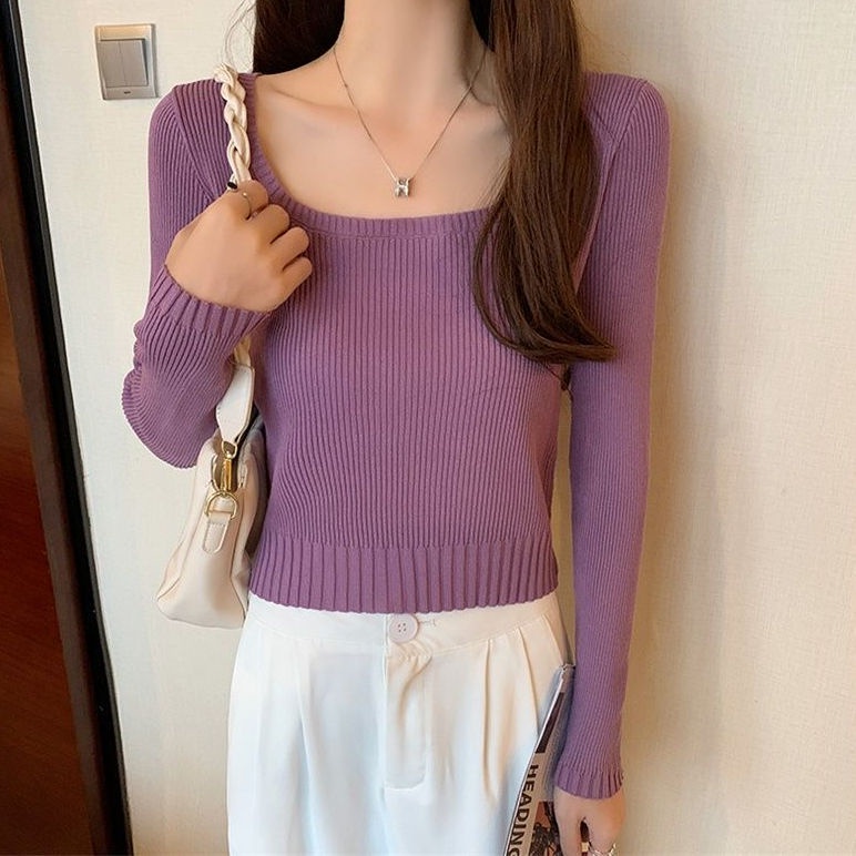 Áo Sweater Dệt Kim Cổ Vuông Dáng Ngắn Thời Trang Thu Đông Cho Nữ