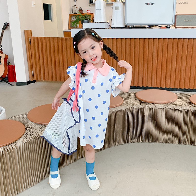Đầm Thun Polo Dệt Kim Tay Ngắn Dáng Dài Họa Tiết Chấm Bi Kiểu Hàn Quốc Thời Trang Mùa Hè Cho Bé Gái 2021