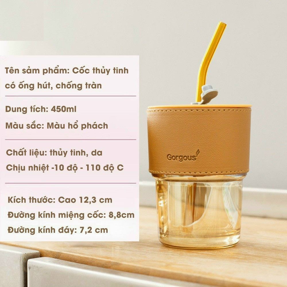 Ly thủy tinh uống nước (kèm Vỏ da + Nắp + Ống hút) màu hổ phách chịu nhiệt nóng lạnh cỡ 400ml C3