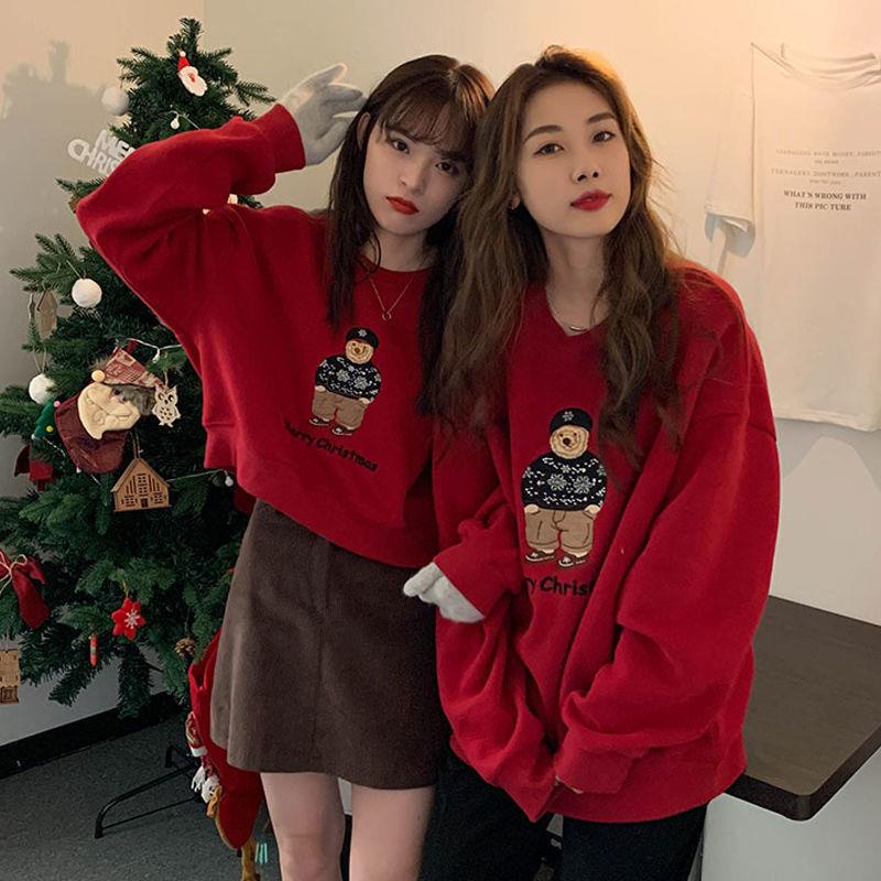 Áo sweater có đệm nhung màu đỏ phong cách giáng sinh# Áo khoác phao nữ dáng rộng