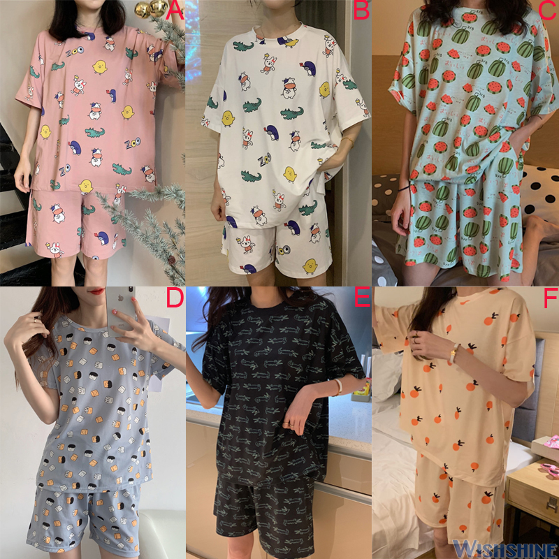 Bộ Đồ Ngủ Cotton Ngắn Tay In Họa Tiết Dễ Thương Cho Nữ