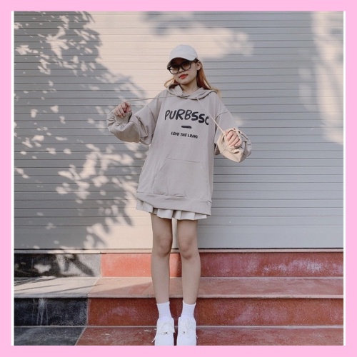 Áo nỉ hoodie in chữ Pur nữ - Sweater dáng rộng dài tay có mũ- HANHAN SHOP