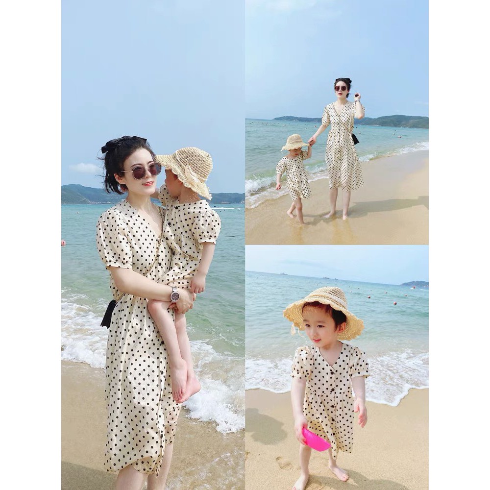 VÁY MẸ CON CHẤM BI VAI BỒNG DÁNG XÒE CÚC NGỰC - ẢNH THẬT TRẢI SÀN