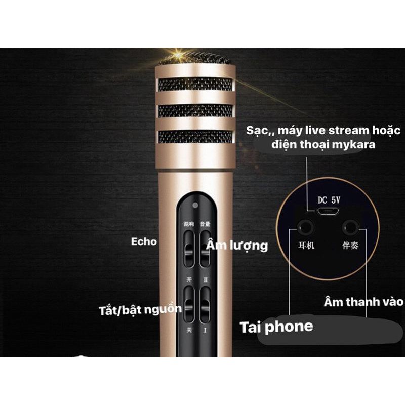 Micro thu âm hát karaoke online Livestream míc C7 đầy đủ dây kết nối và màng lọc tặng kèm tai nghe nhỏ gọn