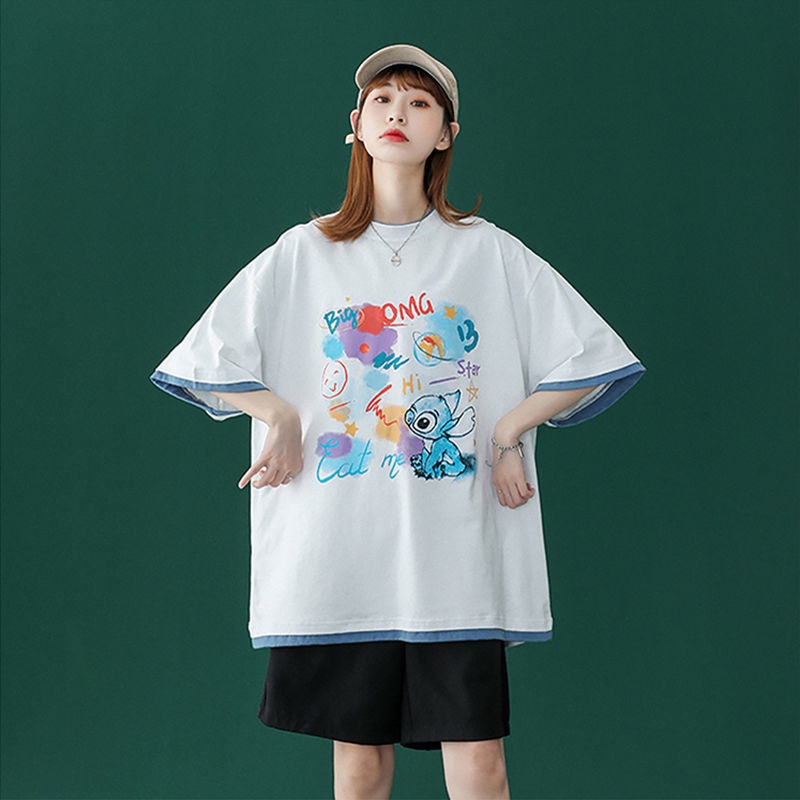 AMOI Áo Thun Ngắn Tay Cổ Tròn Giả Hai Lớp Thời Trang Cho Nữ