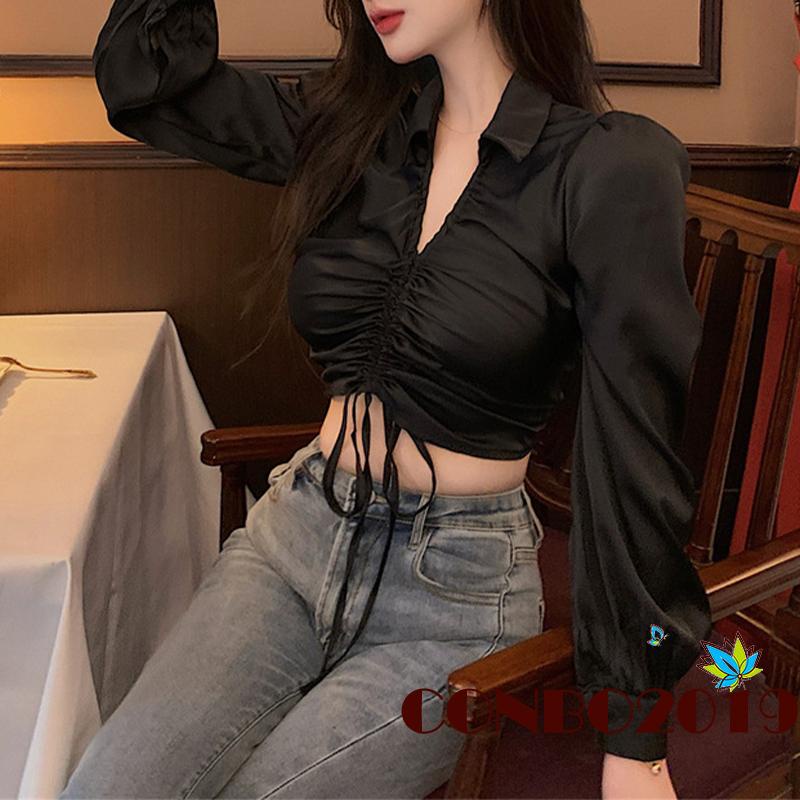 Áo Sơ Mi Crop Top Vải Satin Tay Phồng Cổ Chữ V Màu Trơn Phối Dây Rút Phía Trước Cho Nữ
