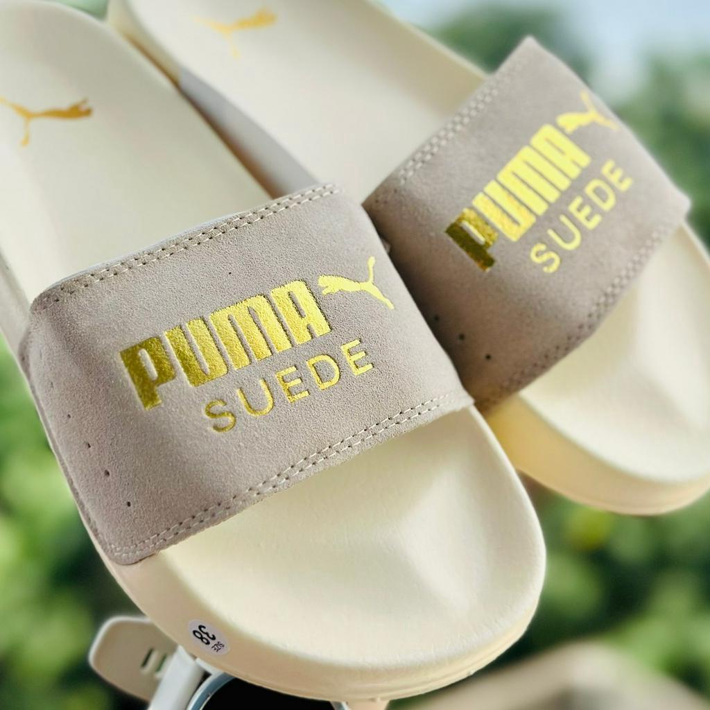 Dép unisex 𝐏𝐔𝐌𝐀 da lộn ❤️FREEShIP + Hộp❤️  dép mlb puma quai ngang hình con báo nam nữ thể thao kèm tem tag mác,kem