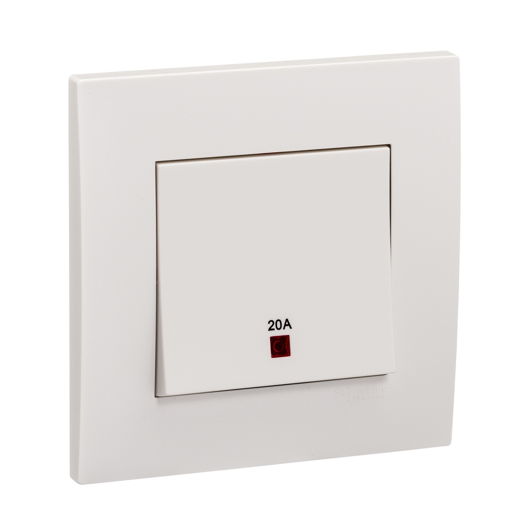 Công tắc đơn 2 chiều Vivace Schneider KB31D20NE_WE - 250VAC - 20A - 1 gang - màu trắng - có đèn Led