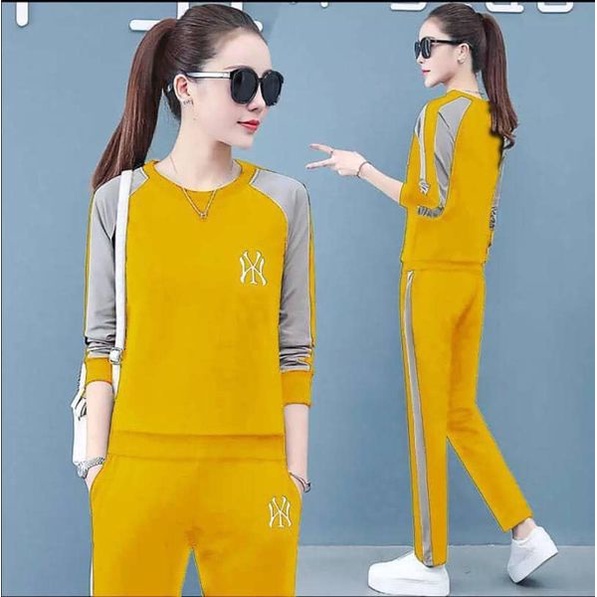 Set Đồ Cotton Tay Dài Nữ Dáng Thể Thao - Logo Thêu - SP Y Hình