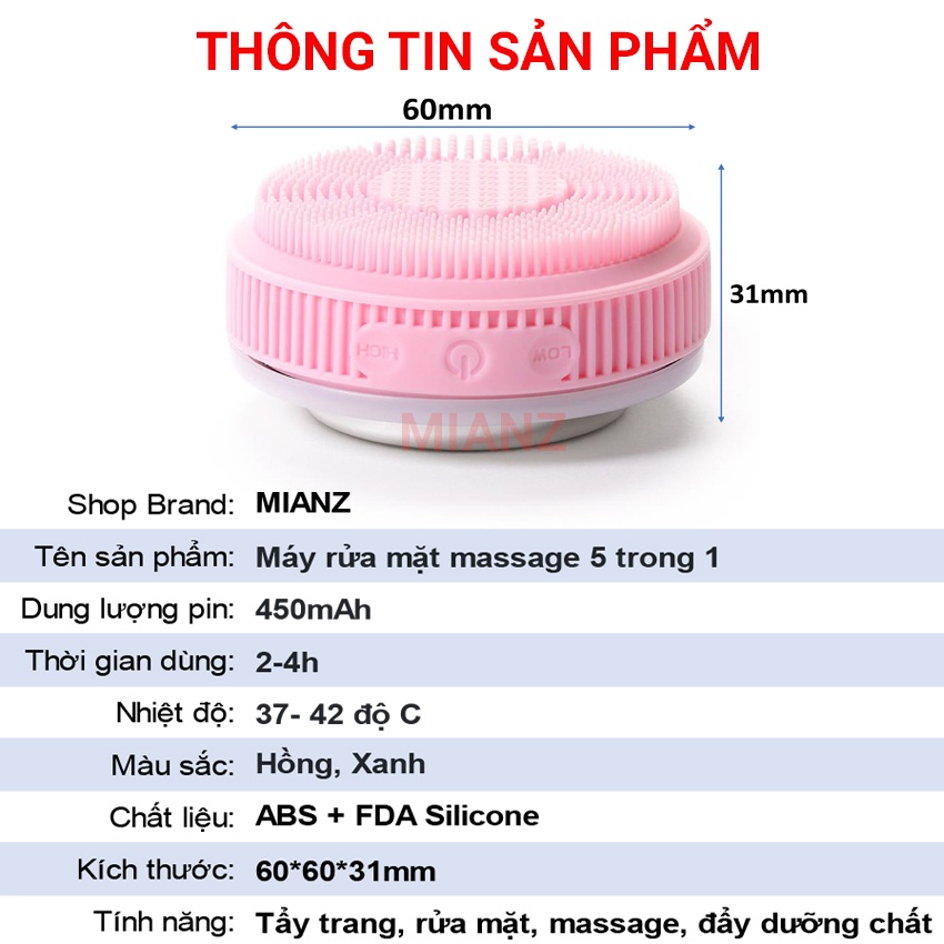 Máy rửa mặt cầm tay sóng âm đa năng tẩy trang làm sạch da, có đèn led massage đẩy dưỡng chất, nâng cơ mặt - MIAN MART