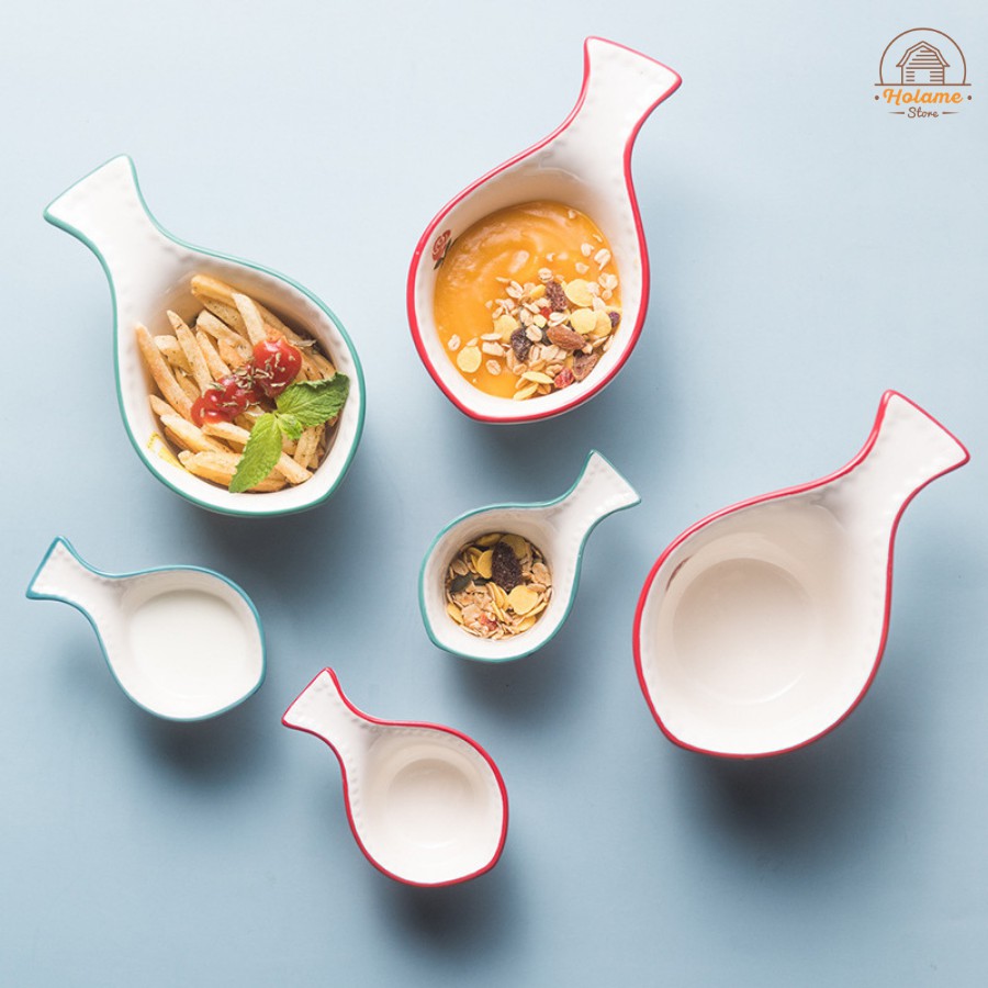 Bát ăn dặm hình cá , thố sứ có tay cầm bằng sứ Holame