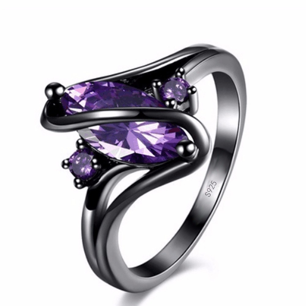 Nhẫn màu vàng đen đính đá Zircon tím Size 6-10
