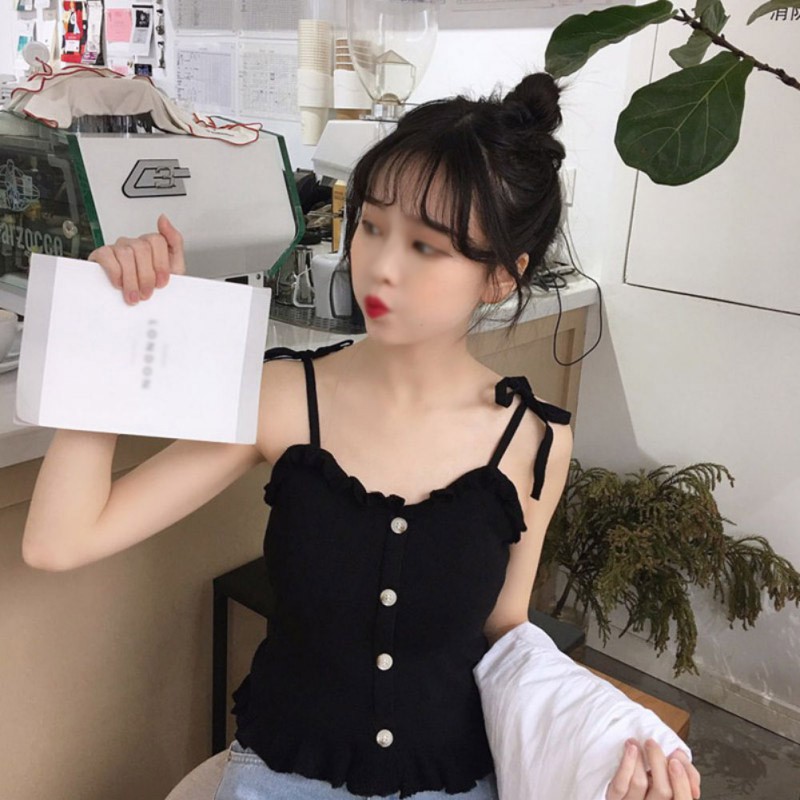 Áo nữ không tay phối nút thời trang vải Cotton