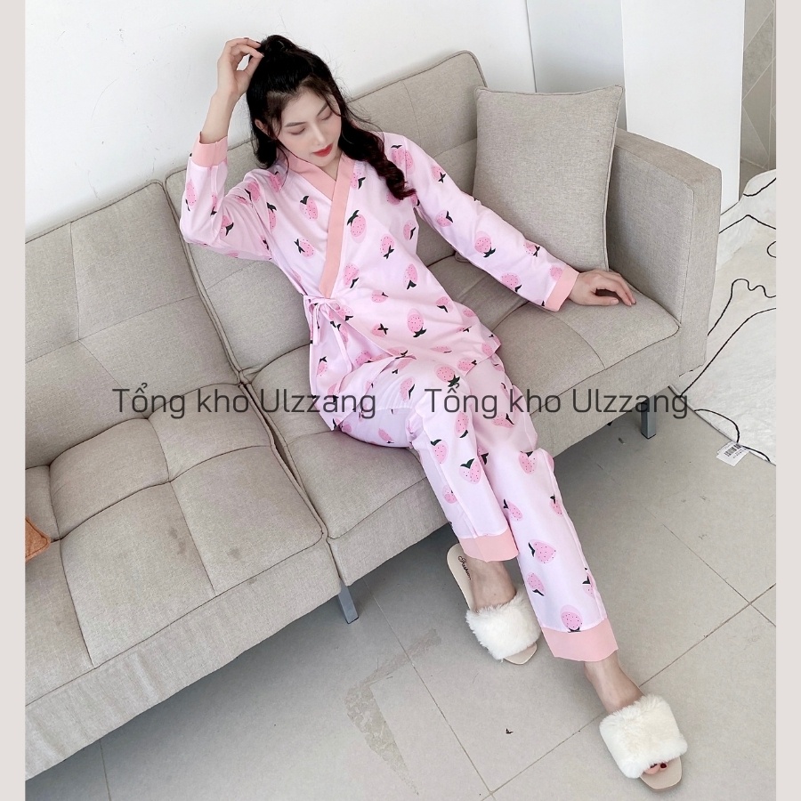 Bộ Ngủ Pijama Kimono Dài Tay Phối Viền Họa Tiết Dễ Thương