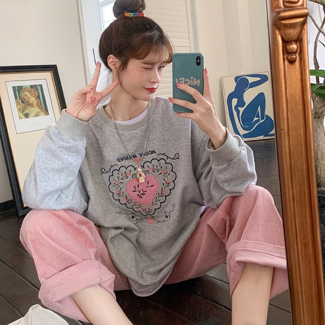 Set áo sweater + quần hồng pastel ulzzang Hàn Quốc