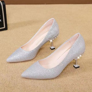 Giày cao gót rhinestone / gót nhọn / sâm panh / mũi nhọn // giày cưới / phiên bản Hàn Quốc
