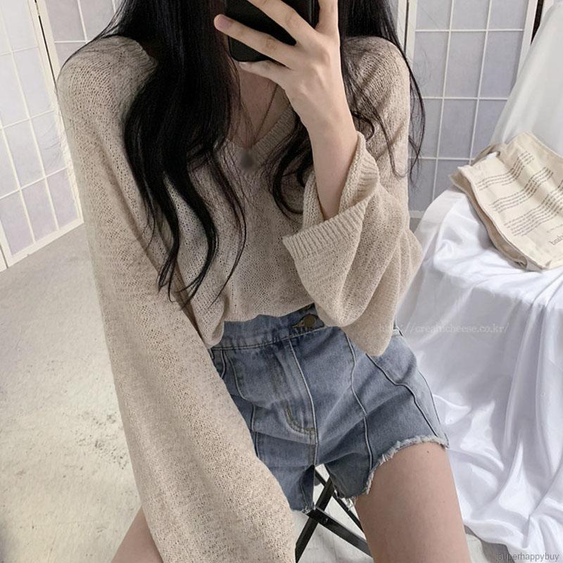 Áo sweater mỏng form rộng màu trơn trẻ trung xinh xắn cho nữ