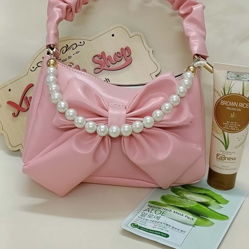 Túi Đeo Vai Kẹp Nách Quai Rúm Hình Nơ Kèm Chuỗi Hạt Siêu Xinh, Túi Xách Nữ Phong Cách Thời Trang Hàn Quốc M48