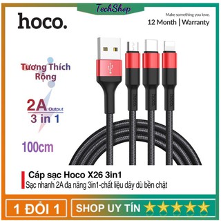 Cáp Sạc Nhanh Hoco X26 3 Đầu Đa Năng Lightning - Micro - Type C - Dây Dài 1M,Dây Dù Siêu Bền [1 Đổi 1 Trong 7 Ngày]