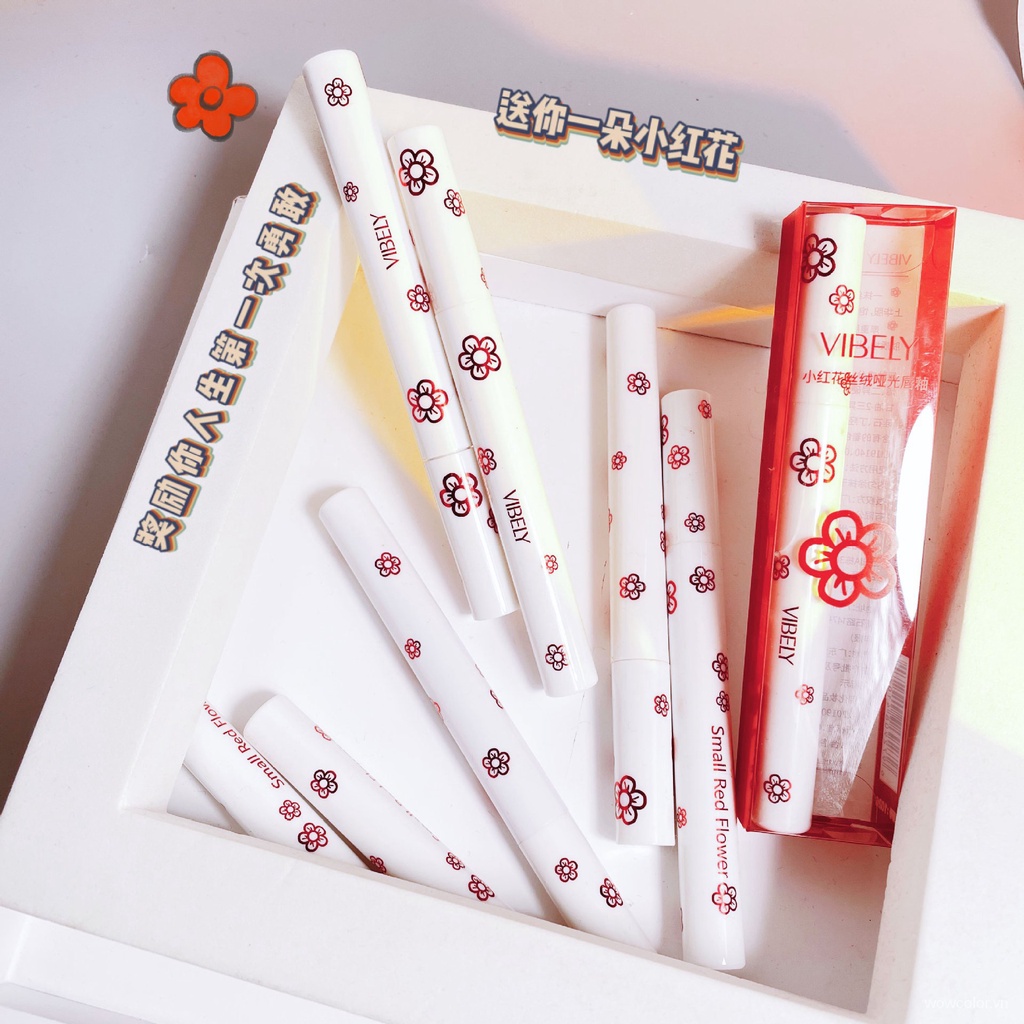 [Hàng mới về] Son môi dạng kem Vibely dưỡng ẩm lâu trôi thiết kế vỏ son họa tiết hoa đỏ đáng yêu