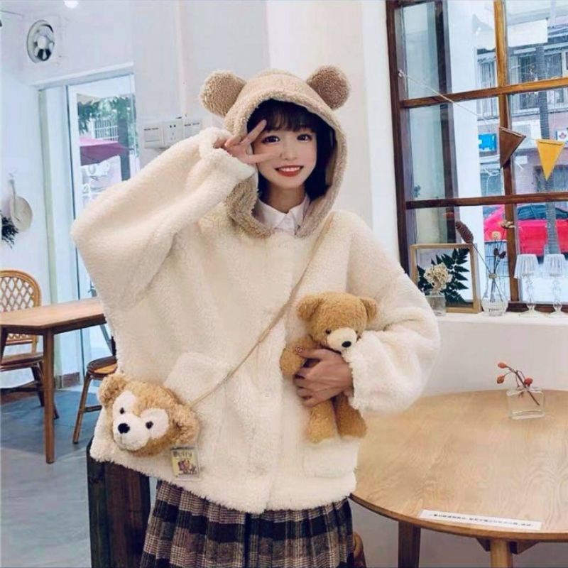 (Có ảnh thật + video) Áo khoác lông thân trắng mũ nâu có tai Un.style