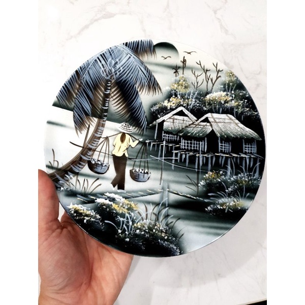 Đĩa sơn mài trắng đen phong cảnh làng quê Việt Nam cực đẹp