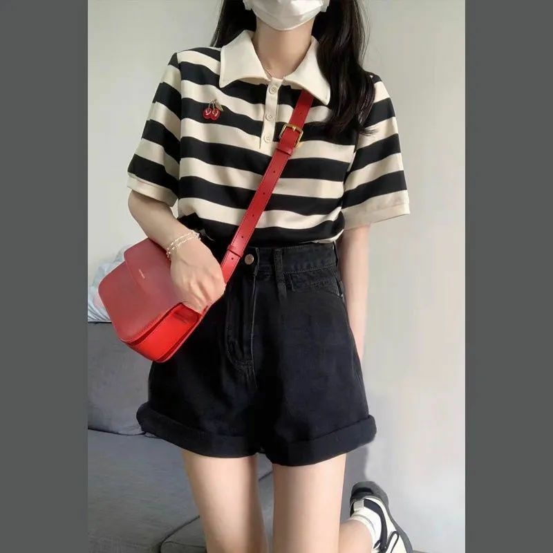 Áo Polo Nữ Ngắn Tay Kẻ Ngang Thêu Hình Quả 🍒  ❤️