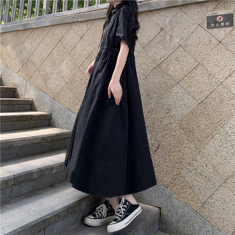 Đầm ngắn tay cổ tròn eo cao thời trang Hàn Quốc dành cho nữ