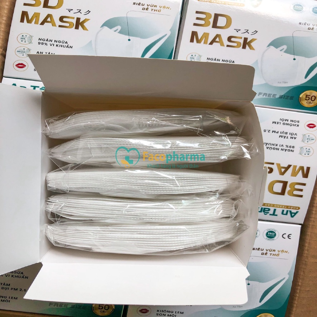 Khẩu trang 3d mask kháng khuẩn ngăn bụi mịn dây đeo mềm mại thoải mái chính hãng An Tâm hộp 50 cái AT3D50O