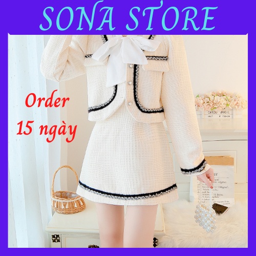 Set dạ tweed nữ tiểu thư mùa đông trắng đen bigsize sang chảnh hàng quảng châu cao cấp SONA STORE Order taobao SDT9