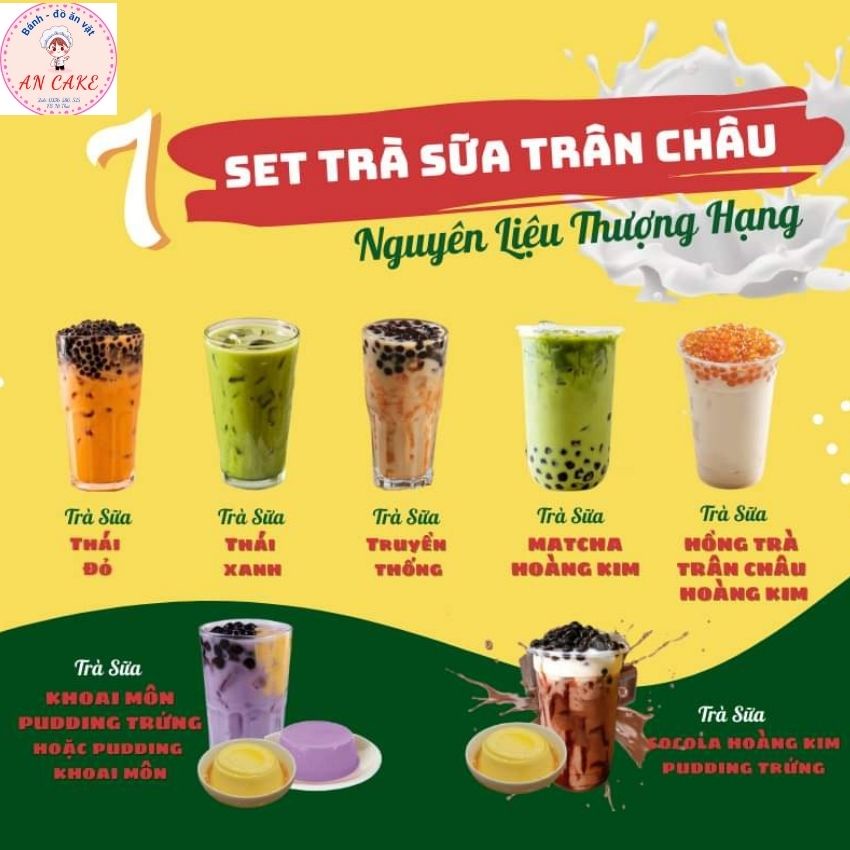 Set Trà Sữa Truyền Thống, Thái Xanh, Thái Đỏ, Matcha, Hồng Trà Hoàng Kim, Sôcôla, Khoai Môn ANCAKE