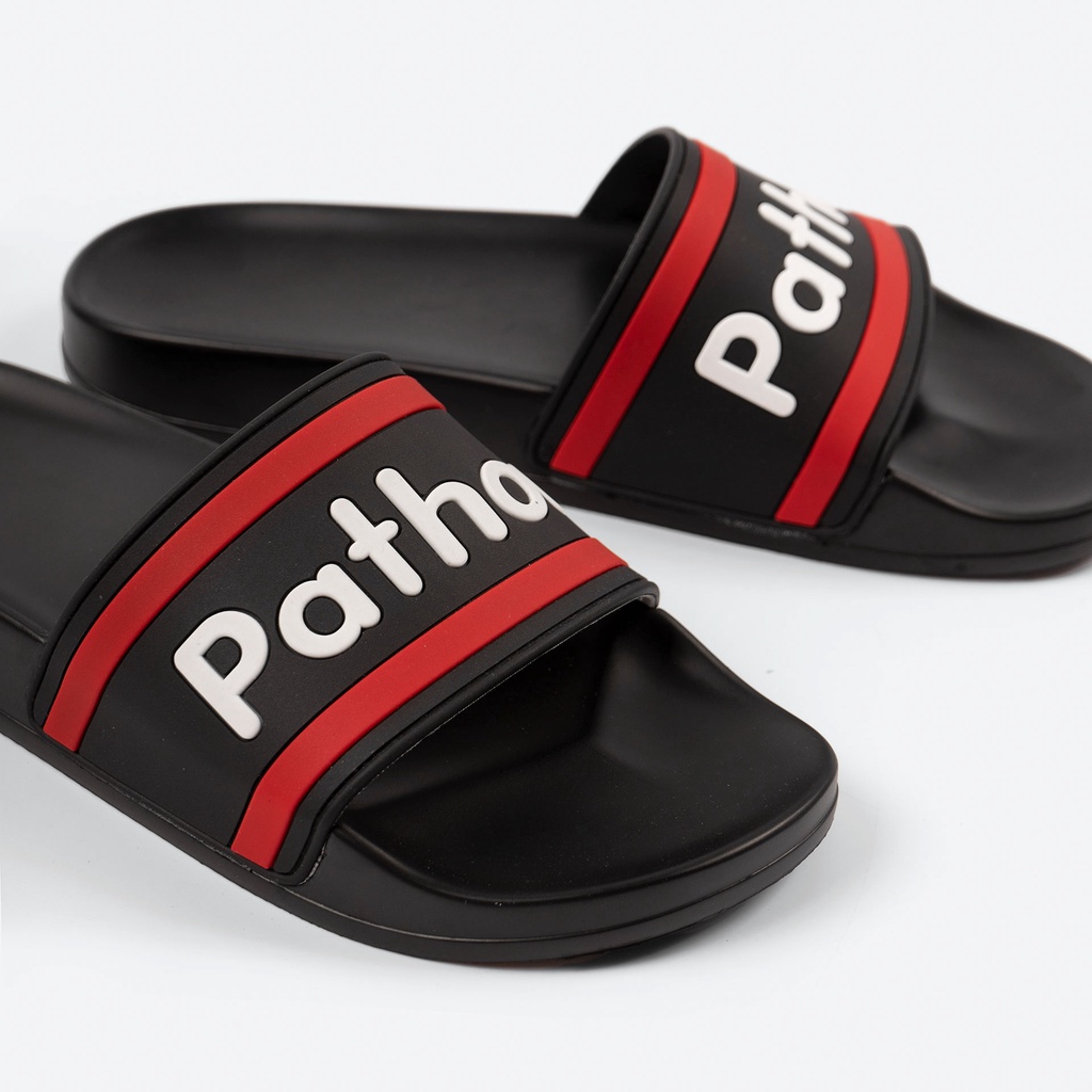 Dép nam nữ quai ngang slipper Pathon PVC và đế PU đen quai sọc đỏ đen in chữ Pathon SD45