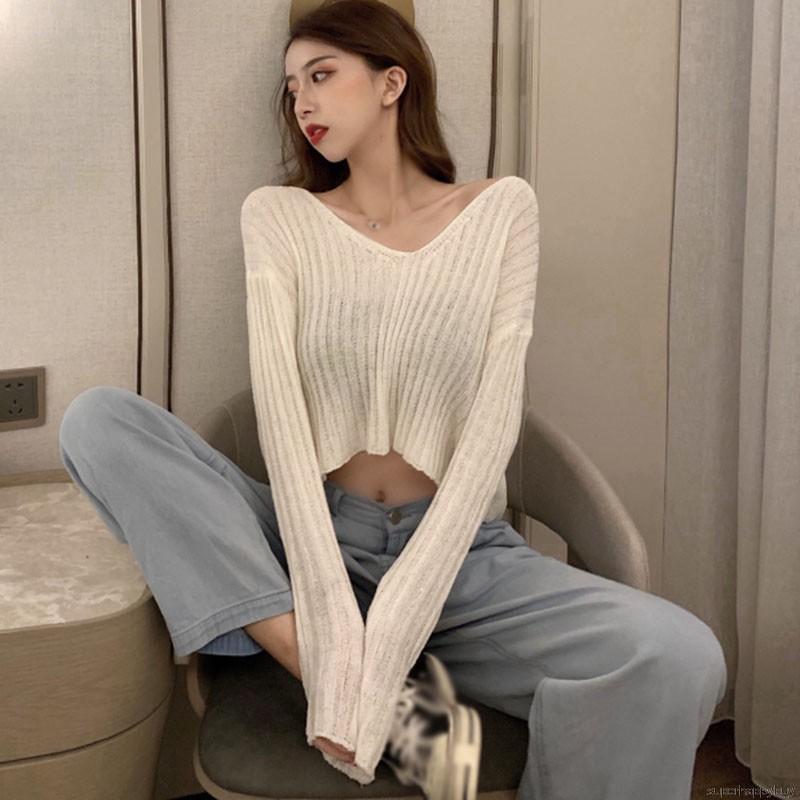 Áo Sweater Dệt Kim Tay Dài Dáng Rộng Màu Trơn Phong Cách Hàn Quốc