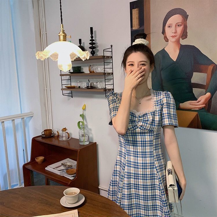 New Snapping up&Sweet French Retro Waist Slimming Puff Sleeve Plaid Dress Female Summer New Square CollaraWord Skirt | BigBuy360 - bigbuy360.vn
