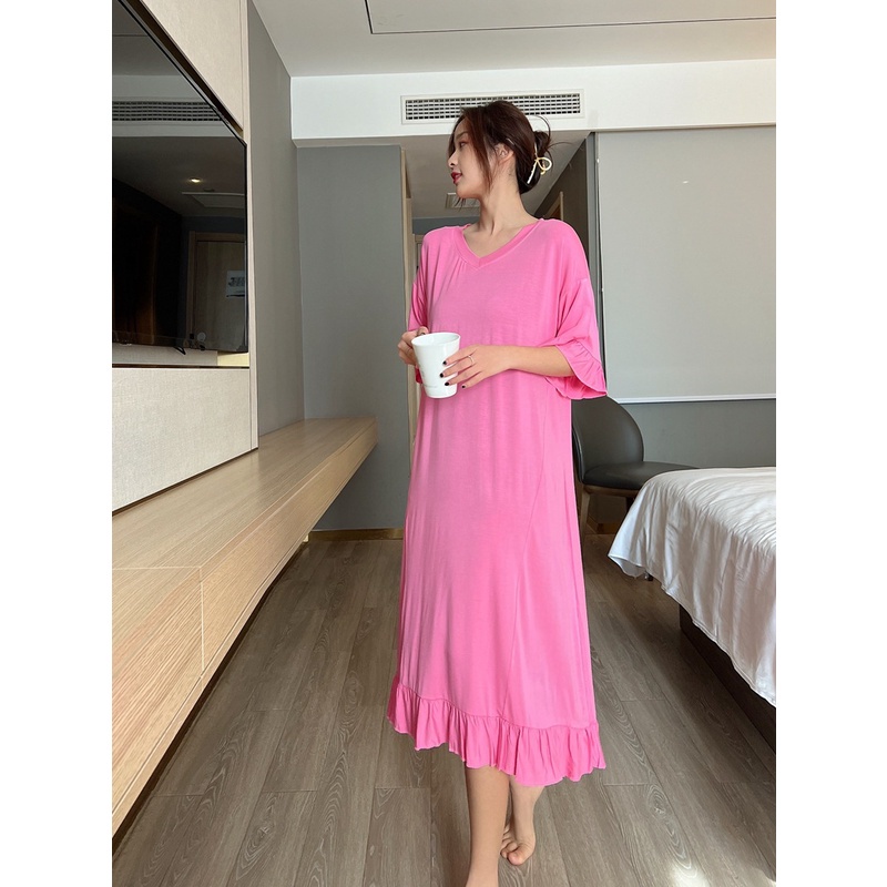 Đồ ngủ Dáng Rộng Tay Ngắn Cổ Tròn Màu Trơn Thời Trang Cho Nữ