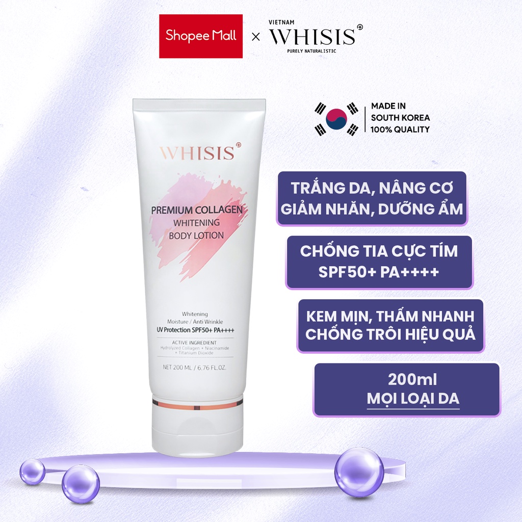 Kem Dưỡng Thể Trắng Da Chống Nắng Nâng Tone Hàn Quốc WHISIS Premium Collagen Whitening Body Lotion 200ml