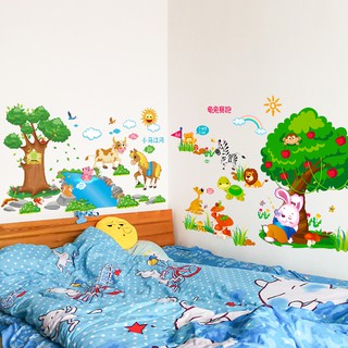 Decal dán tường combo 2 tranh thú dòng sông + cây táo mới