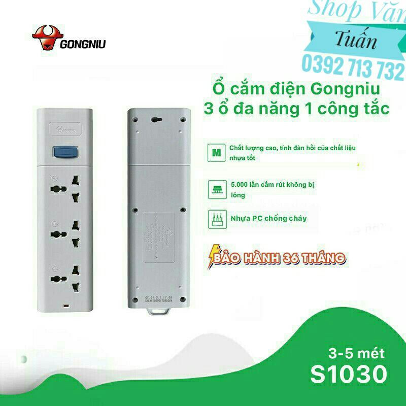 Ổ Cắm Gongniu 3 Ổ Đa Năng 1 Công Tắc-2500W (3m,5m)