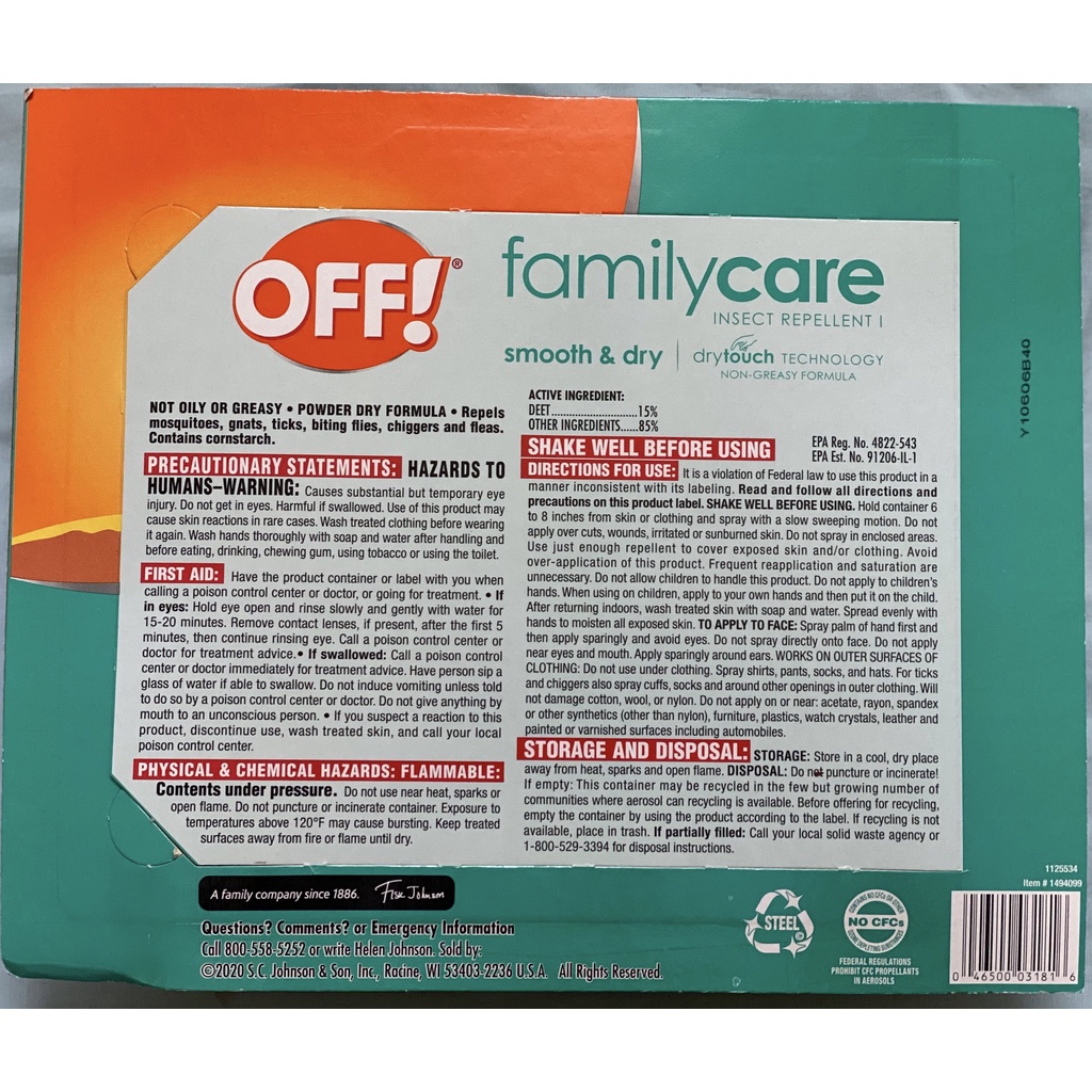 Xịt xua đuổi muỗi và côn trùng OFF! Family Care Smooth &amp; Dry Insect Repellent (Set 3 chai 170g + 1 chai 71g)