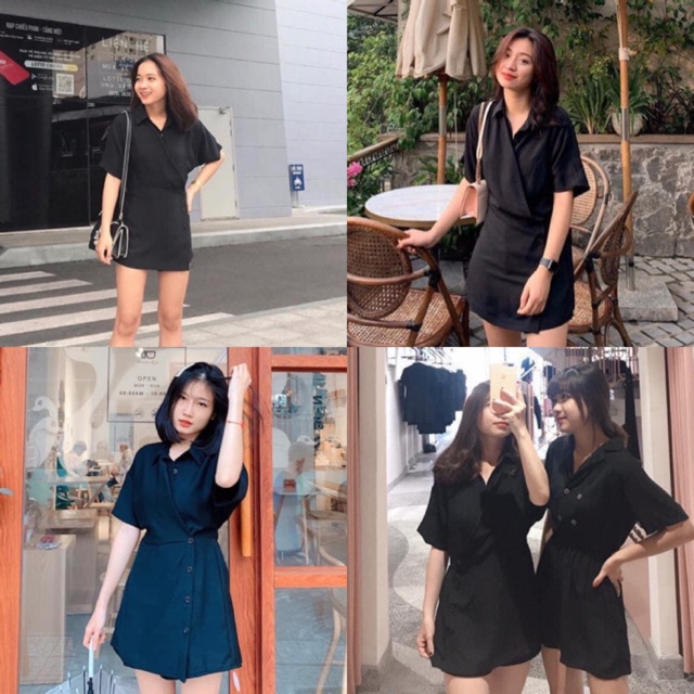 Chie Jumsuit siêu tôn dáng thiết kế basic jum đen vải cát hàn sau lưng bo chun áo chéo váy có nút