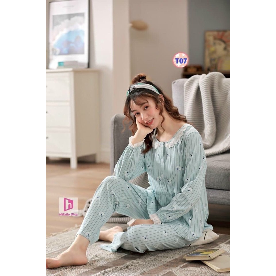 Bộ đồ bầu sau sinh dài tay Chicmom sọc kẻ chất cotton, có khoá ngực cho bé ti, quần có chun chỉnh bụng CM019