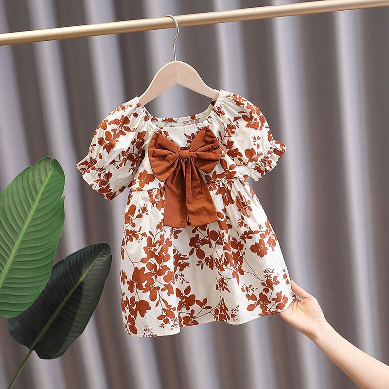 Váy đầm cho bé gái công chúa dáng xòe hoa cam tay bồng cao cấp đính nơ xinh xắn AB7002