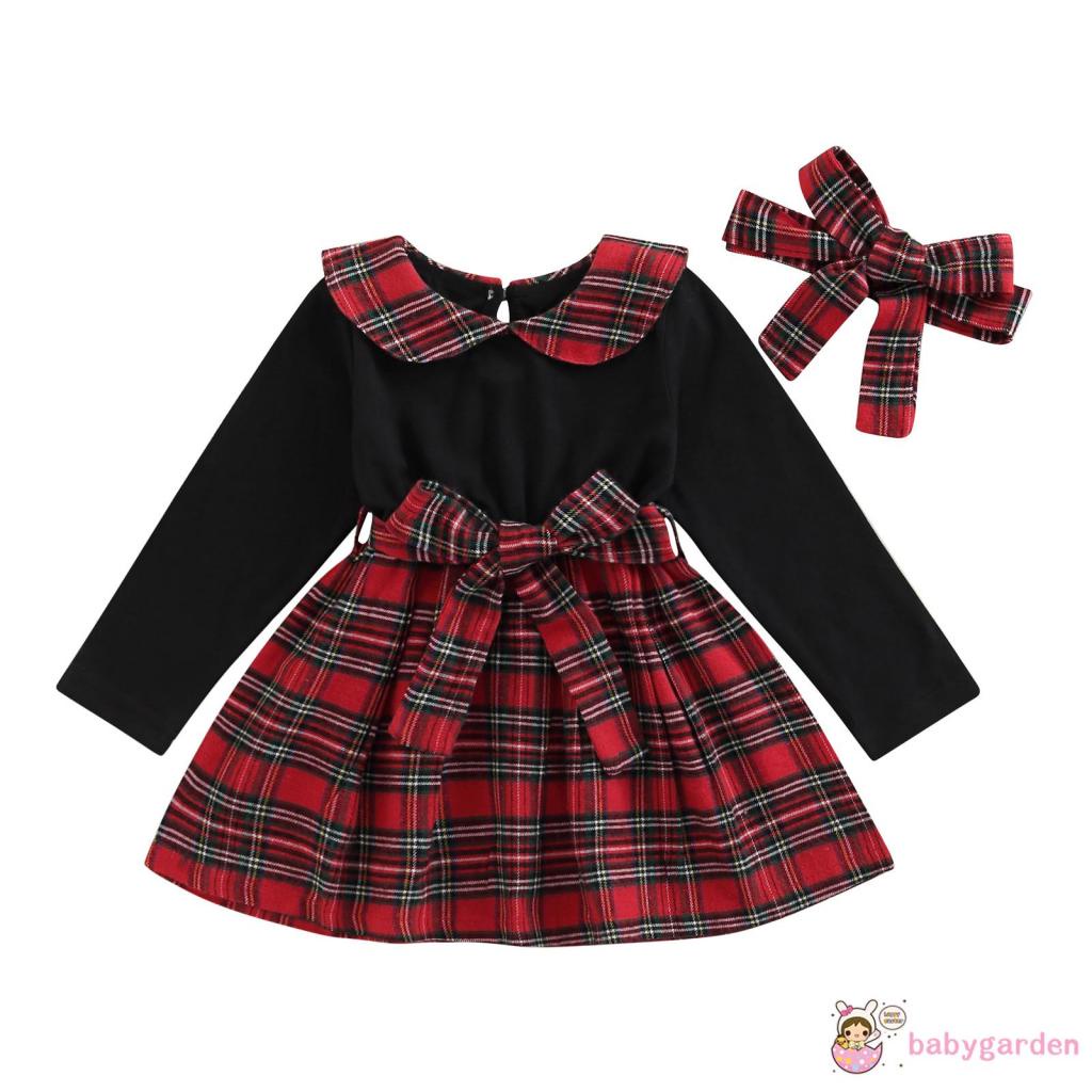 Đầm Tay Dài Cổ Peter-Pan Phối Họa Tiết Kẻ Sọc Và Băng Đô Cài Tóc Xinh Xắn Cho Bé Gái 6 Tháng Đến 5 Tuổi 6 Tháng Tuổi