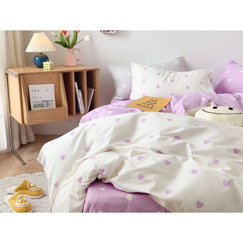 Bộ chăn ga gối cotton poly -mẫu trái tim tím trắng -luis bedding miễn phí bo chun theo kích thước