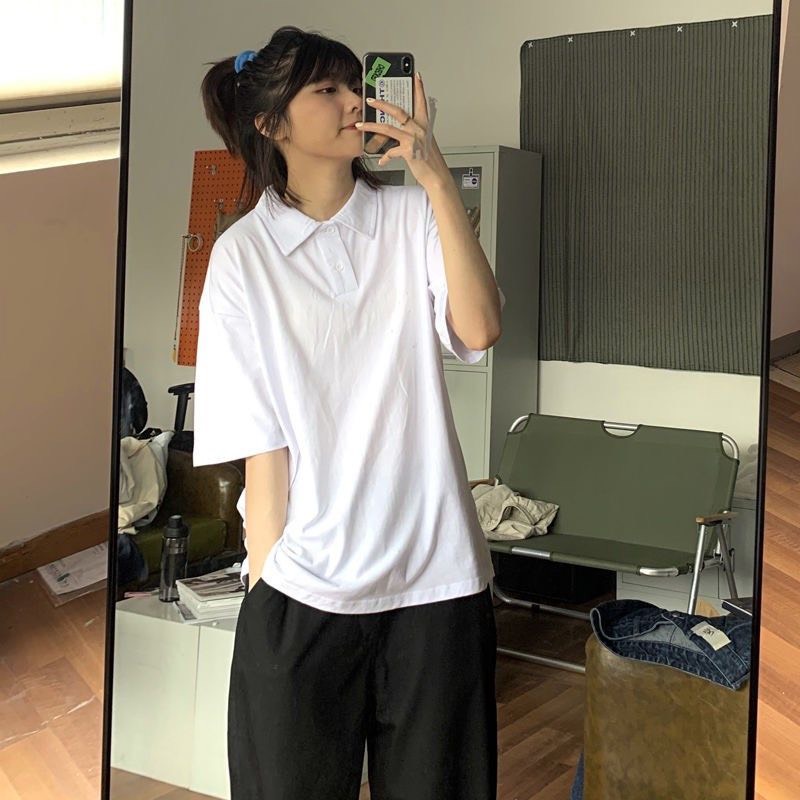 Áo thun polo nữ trơn basic unisex form rộng tay lỡ đẹp hàng Quảng Châu ANDOSA PL07